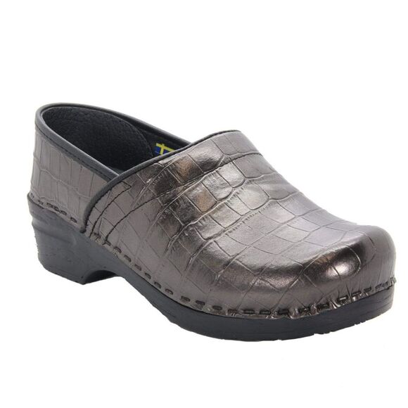 NWOB** Bjork Women's Professional Eva Croco Embossed Metallic Leather Clog 37 - Picture 1 of 14